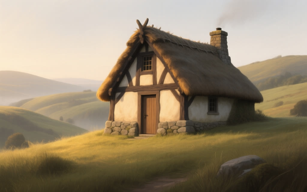 A thatched timber-frame house on a hillside, fresh-cut lumber and firewood stacked around it