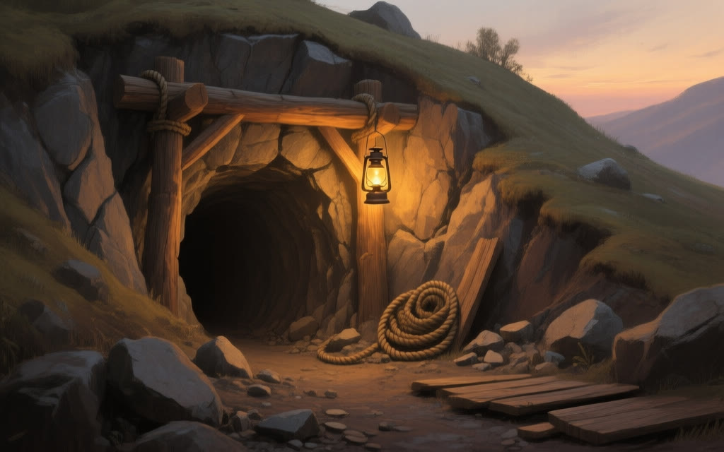 A hillside dug open by hand: a shored tunnel entrance, exposed strata, and a fresh crater