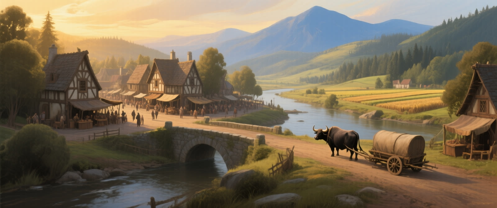 A river valley at golden hour: a timber village, market square, farmland, and a wagon crossing a stone bridge