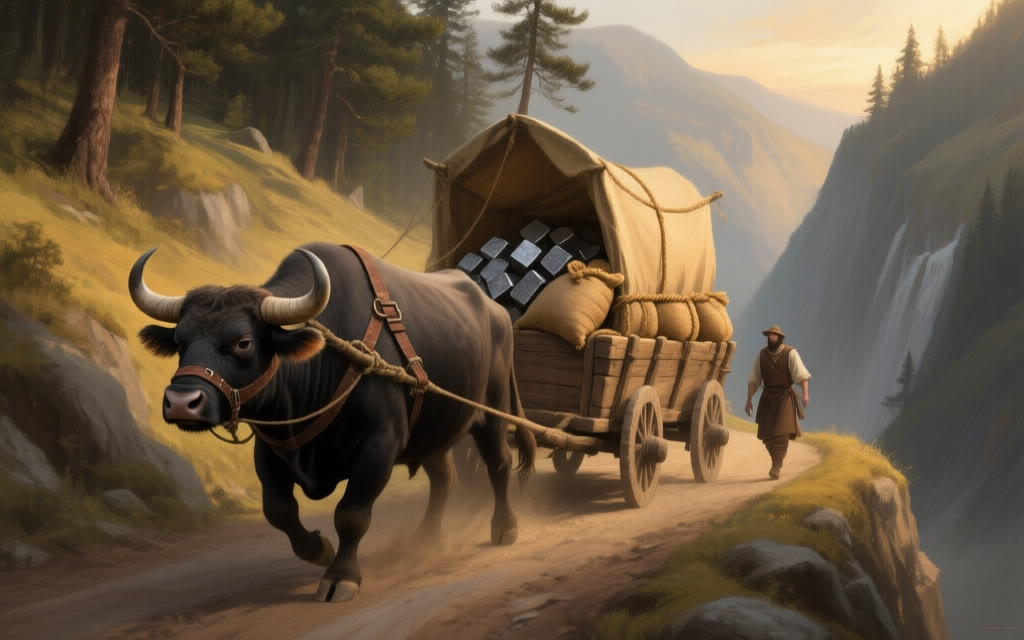 A loaded cargo wagon on a narrow mountain pass road beside a steep drop